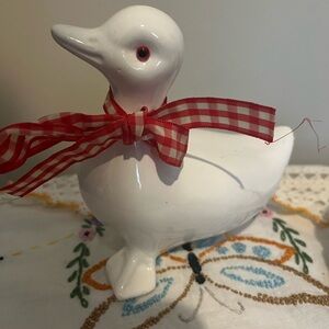 White Ceramic Duck Figurine with Red Checked Ribbon dept 56